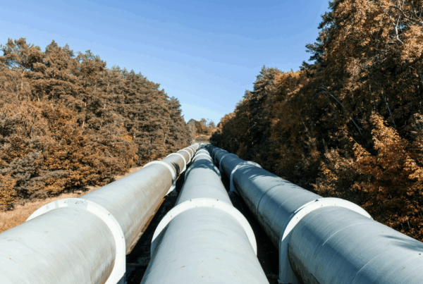 Three large pipelines running through autumn foliage.