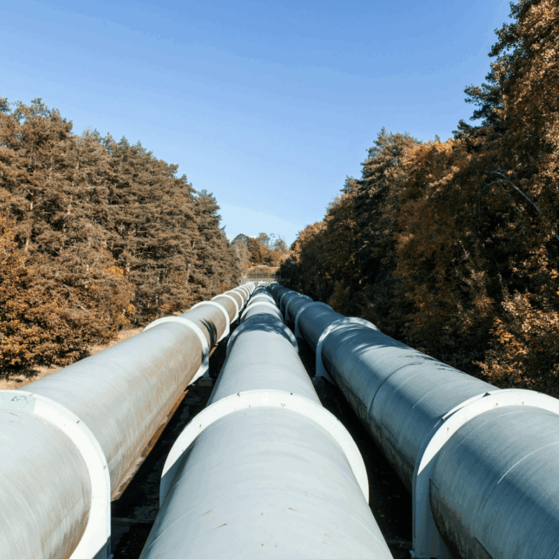 Three large pipelines running through autumn foliage.